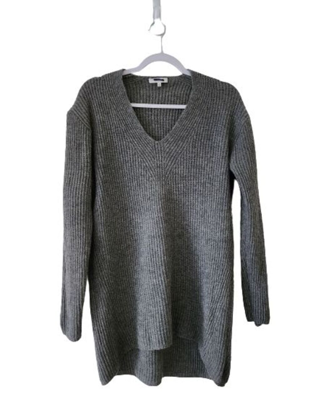 Madewell Wool Long Sweater Grey V-Neck Women's M Droptail Rib-Stitch Knit *FLAW*